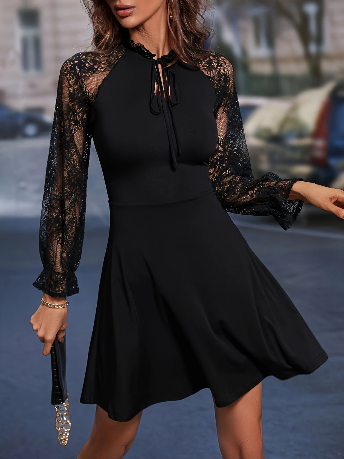 Lace Tie Neck Flounce Sleeve Dress - Flyclothing LLC