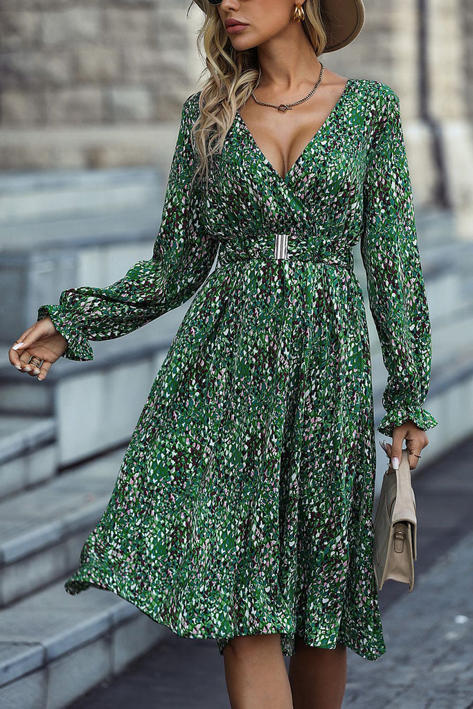 Trendsi Floral V-Neck Flounce Sleeve Midi Dress Matcha Green / S