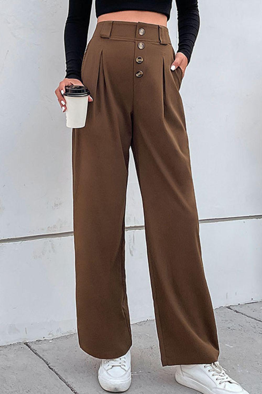 Button-Fly Pleated Waist Wide Leg Pants with Pockets - Brown / S
