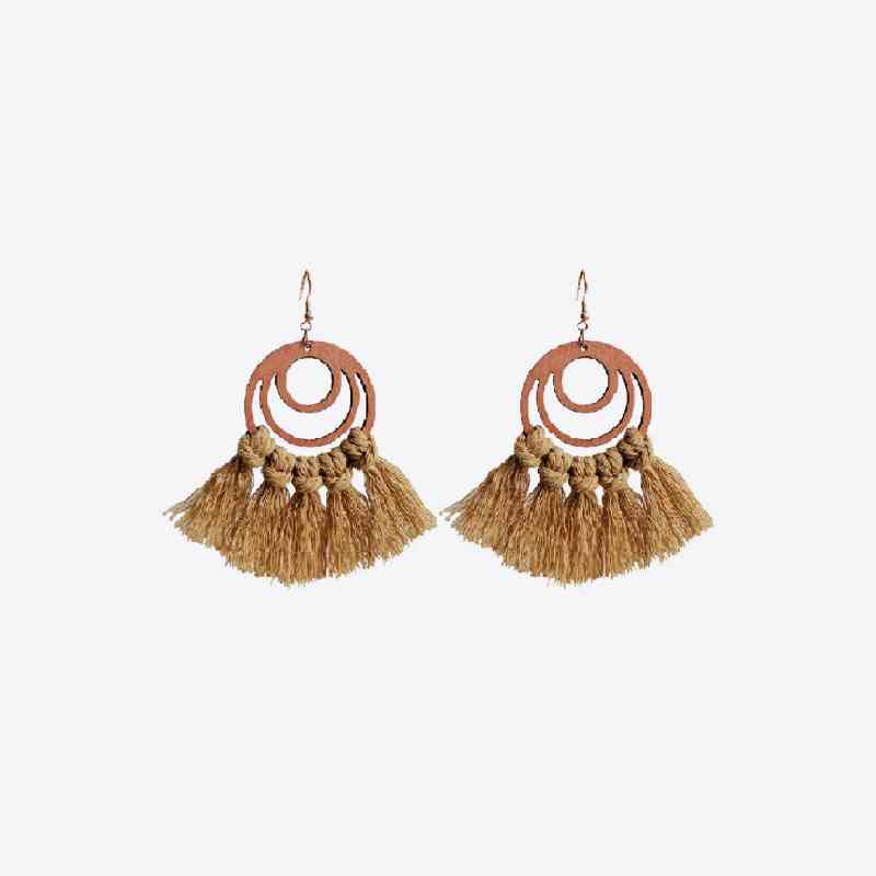 Fringe Detail Football Shape Wooden Dangle Earrings Green/Yellow / One Size