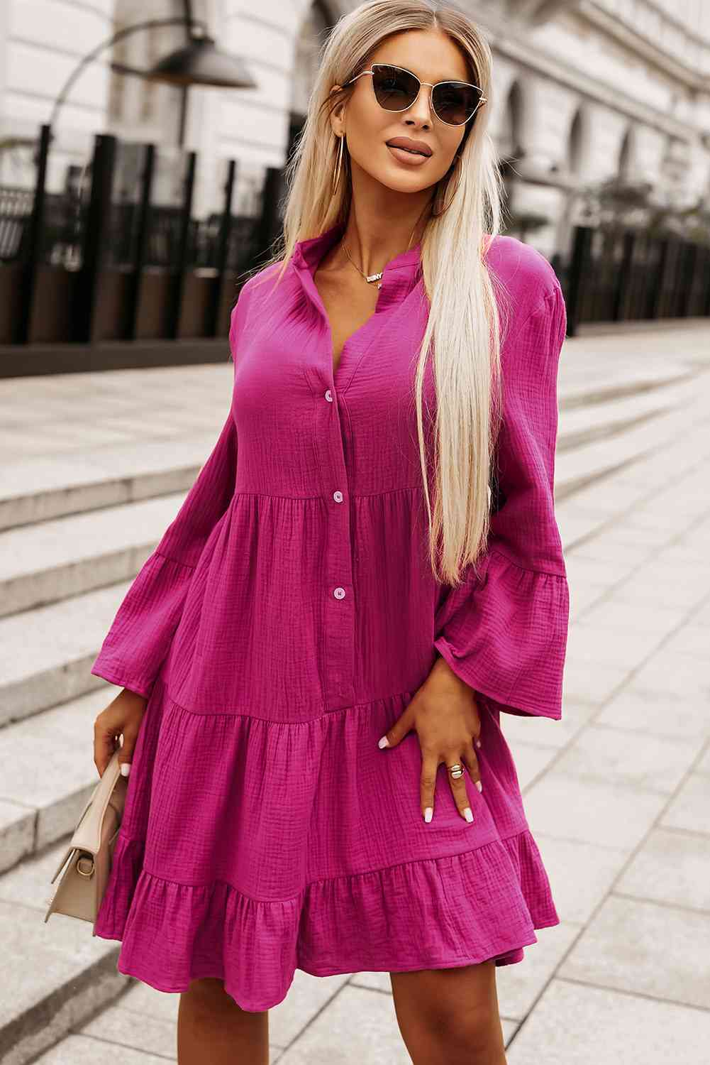 Buttoned Flare Sleeve Tiered Dress - Deep Rose / S