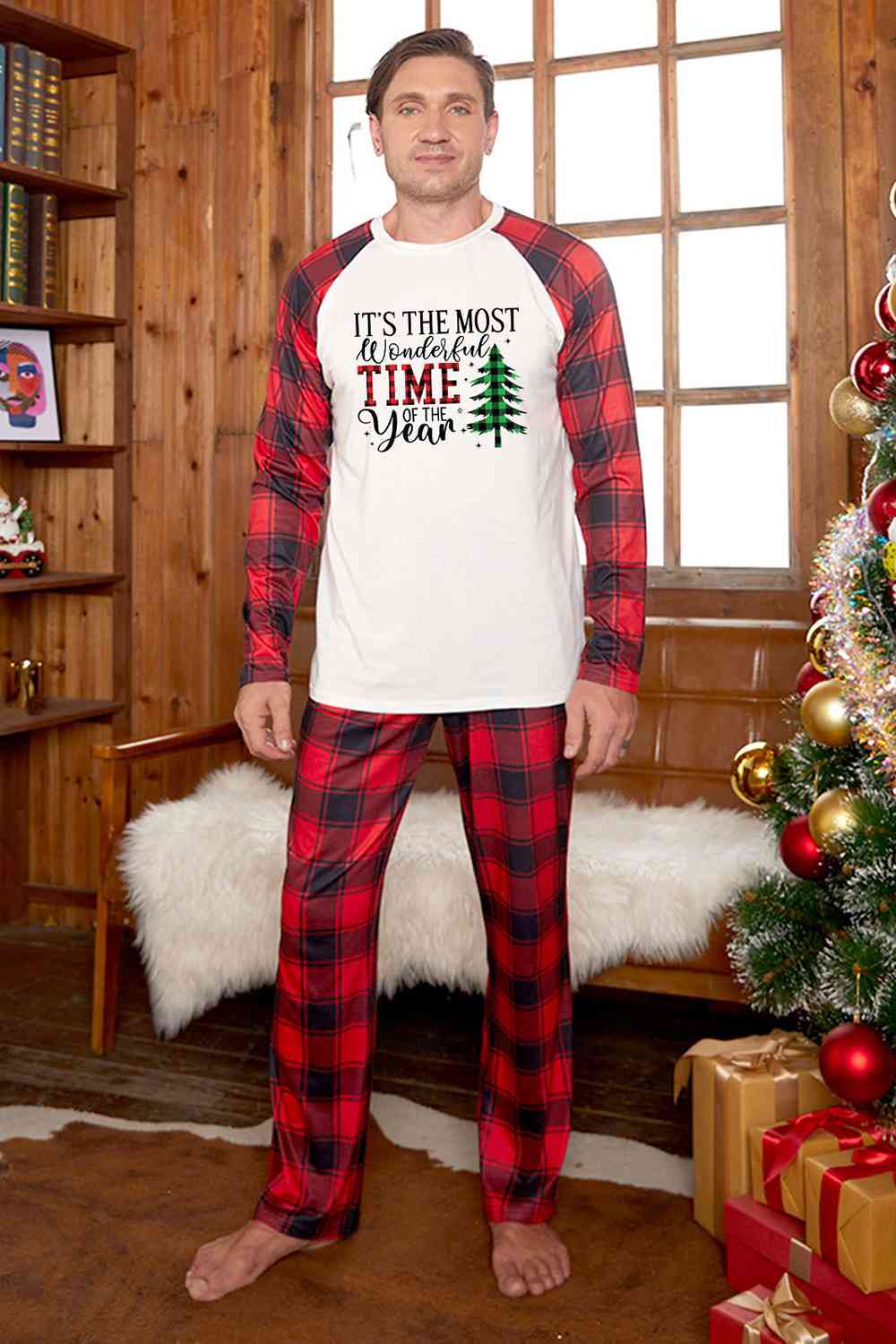 Plaid & Slogan Graphic Pajama Set