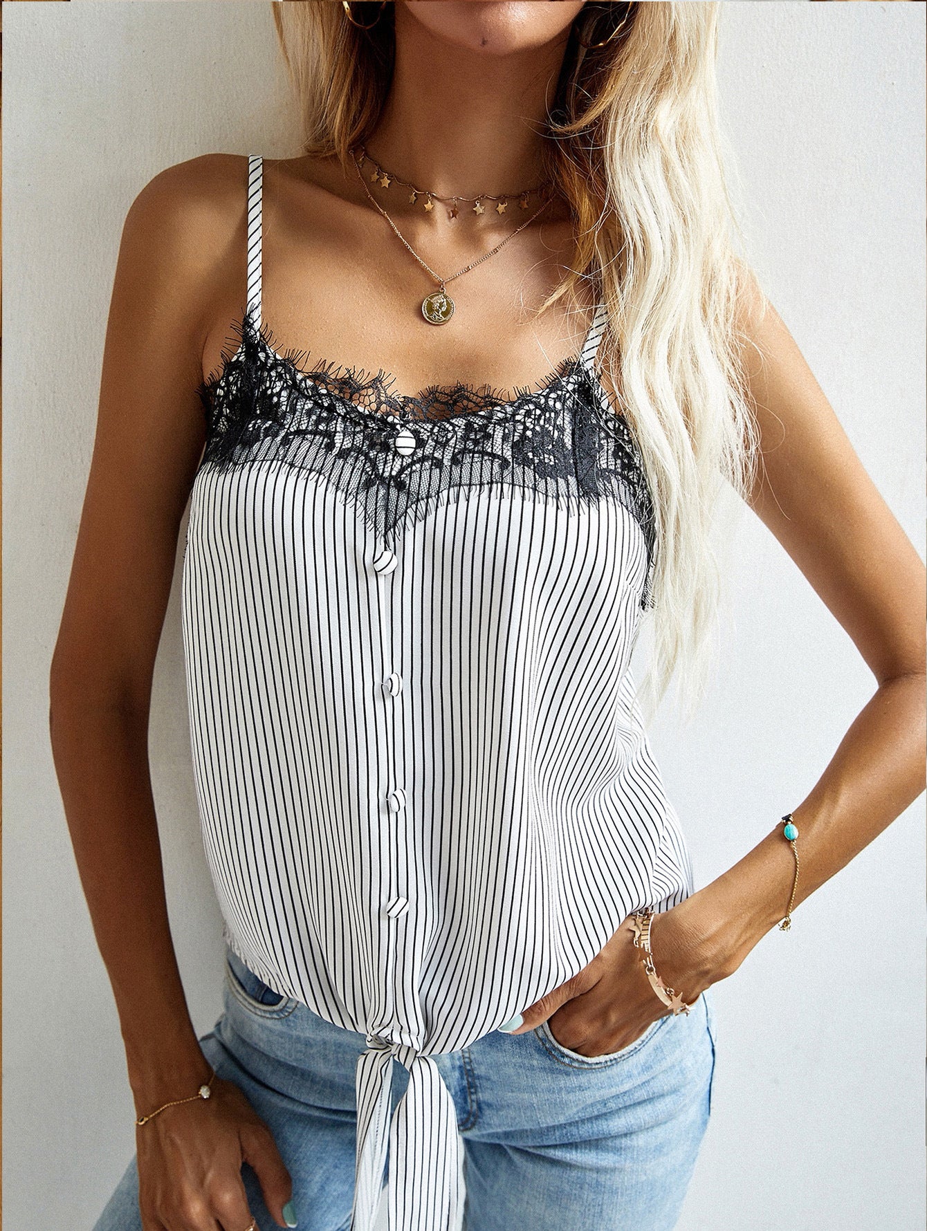 Sweetheart Neck Lace Detail Tie Front Striped Cami – Flyclothing LLC