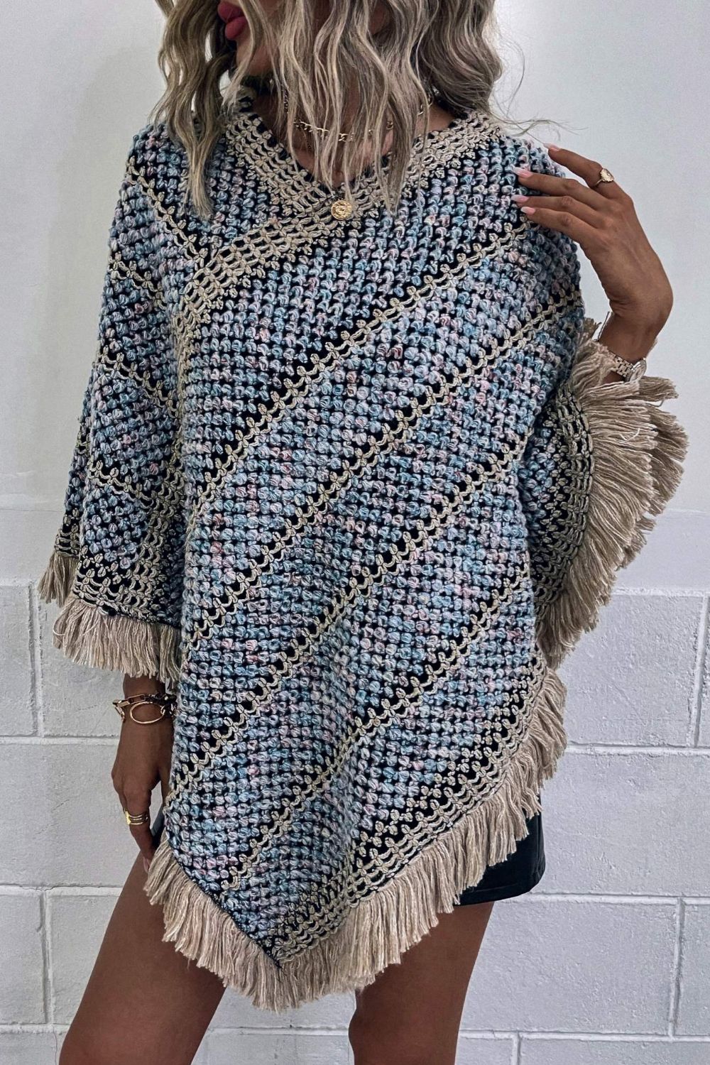 Color Block Fringe Detail Poncho – Flyclothing LLC