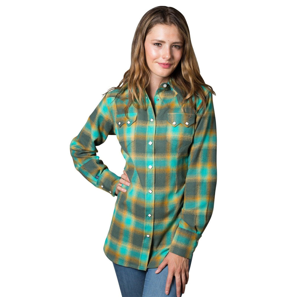 Women's Plush Green & Turquoise Plaid Flannel Western Shirt