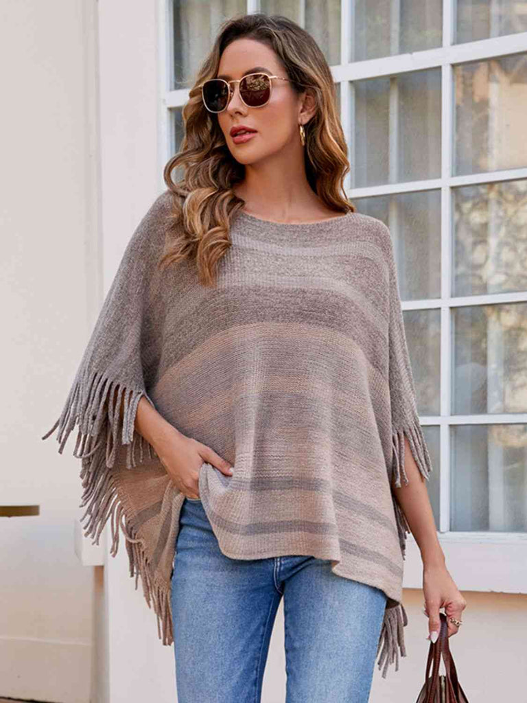 Striped Boat Neck Poncho with Fringes | Flyclothing LLC