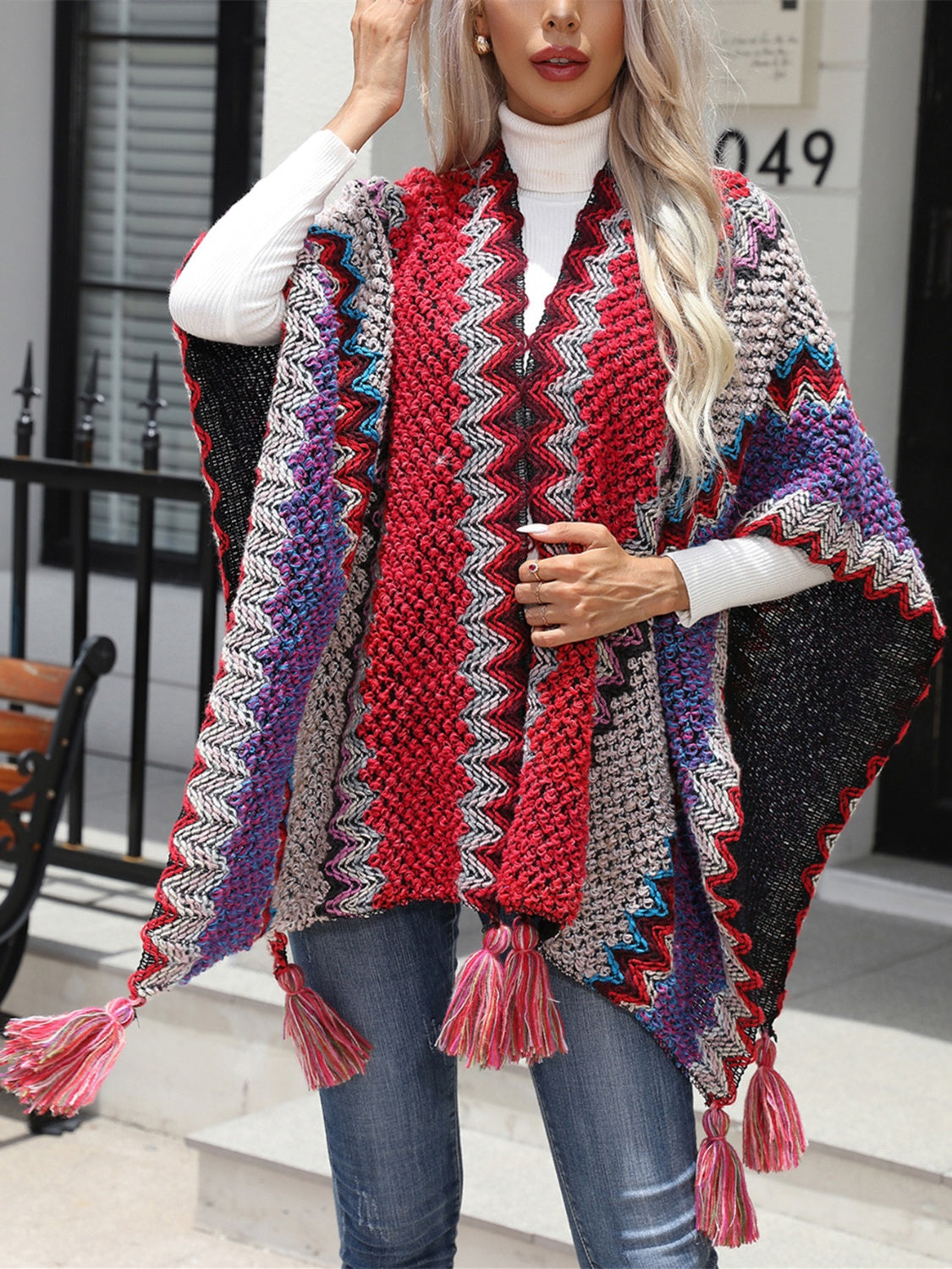 Color Block Fringe Detail Poncho – Flyclothing LLC