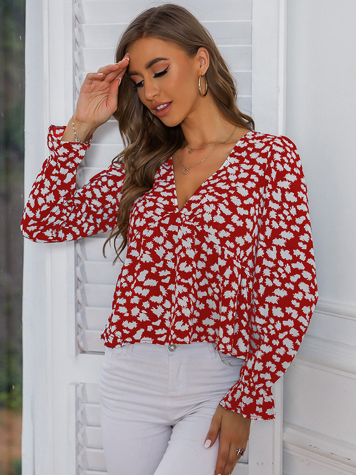 Trendsi Printed Tie Front Flounce Sleeve Blouse