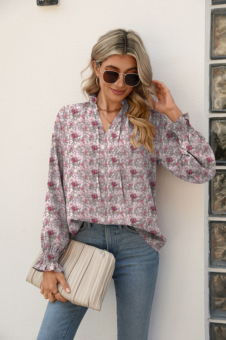 Trendsi Printed Round Neck Flounce Sleeve Blouse