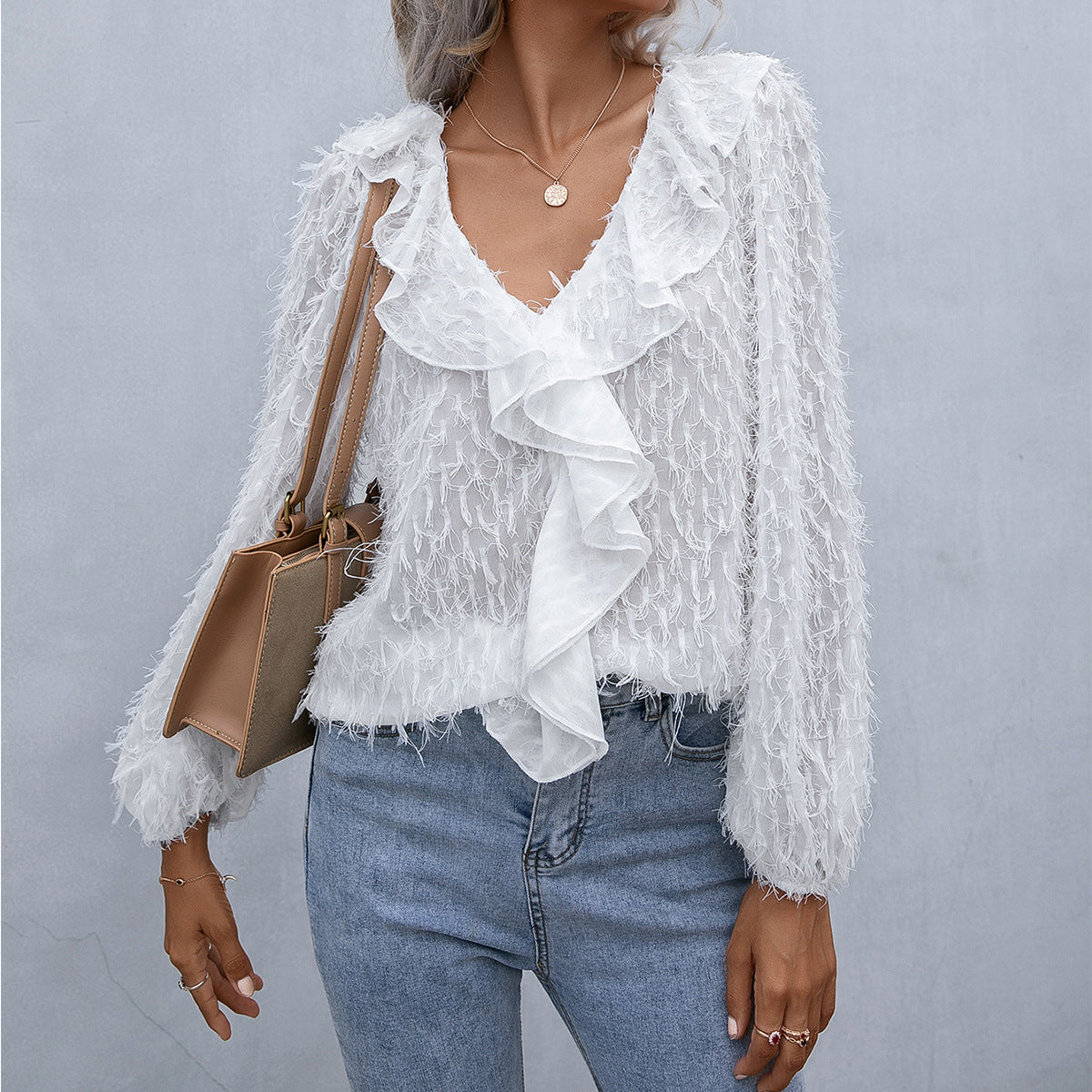 Ruffle Hem Fringe V-Neck Balloon Sleeve Blouse – Flyclothing LLC