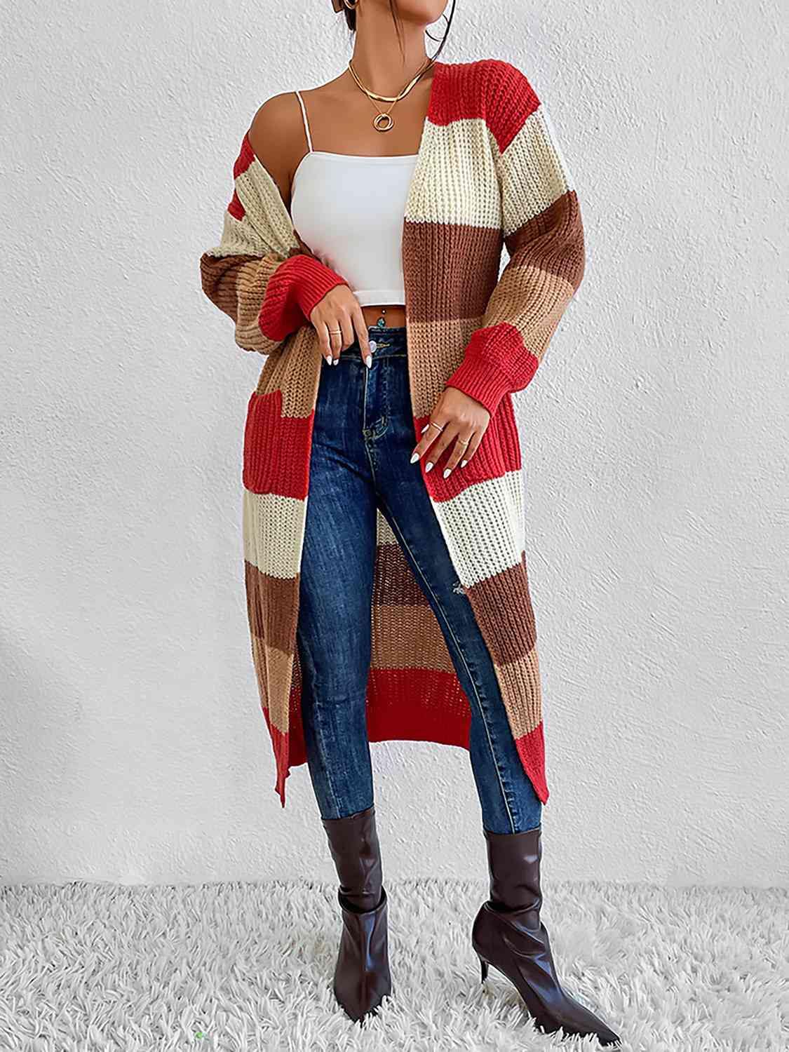 Trendsi Color Block Open Front Longline Cardigan Flyclothing LLC Red Orange M