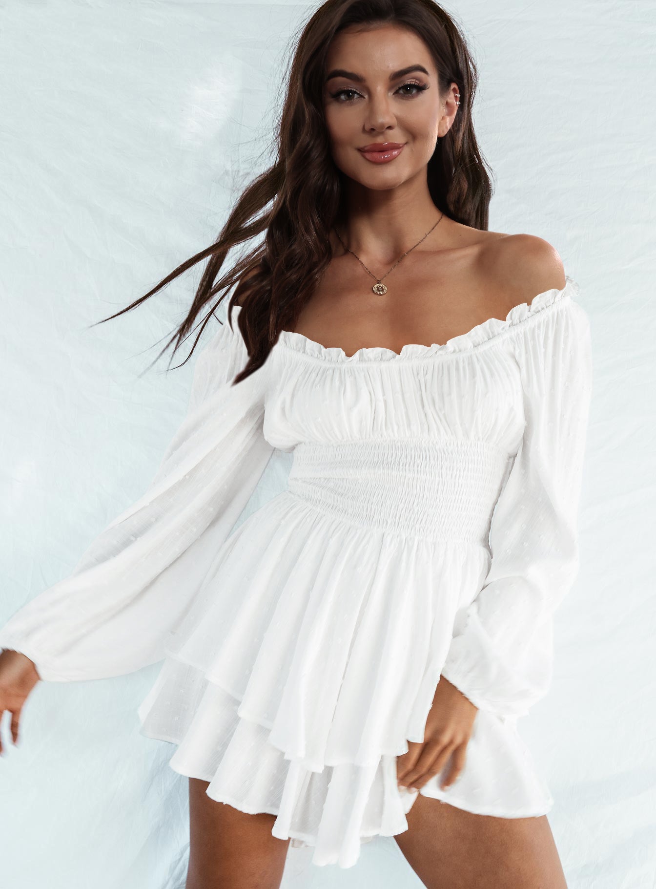 White smocked off the shoulder clearance dress