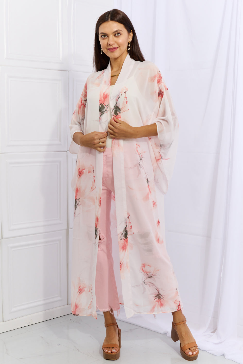 cllios Women's Floral Print Puff Sleeve Kimono Cardigan Loose