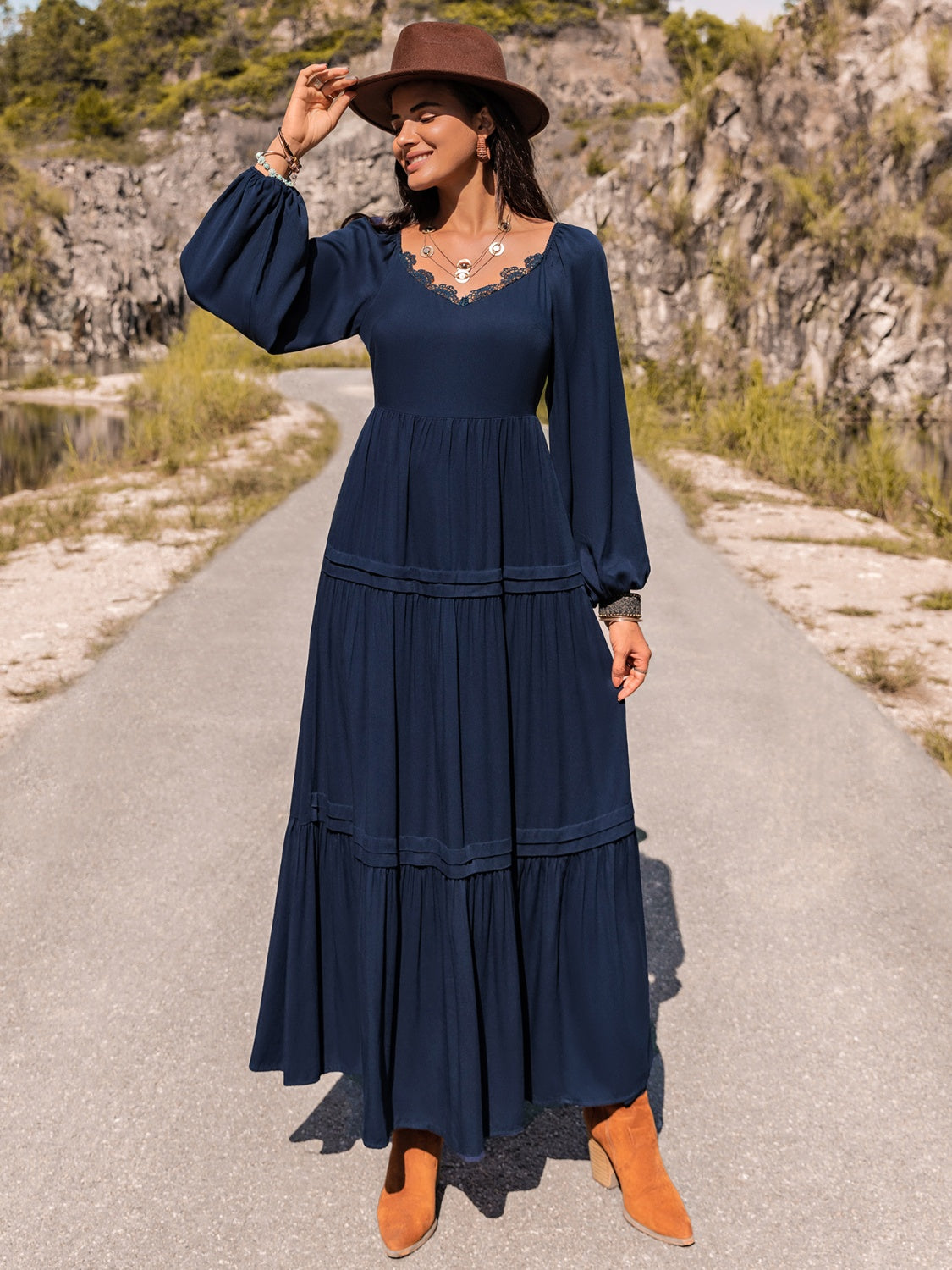 Long Sleeve Lace Trim Maxi Dress Navy M