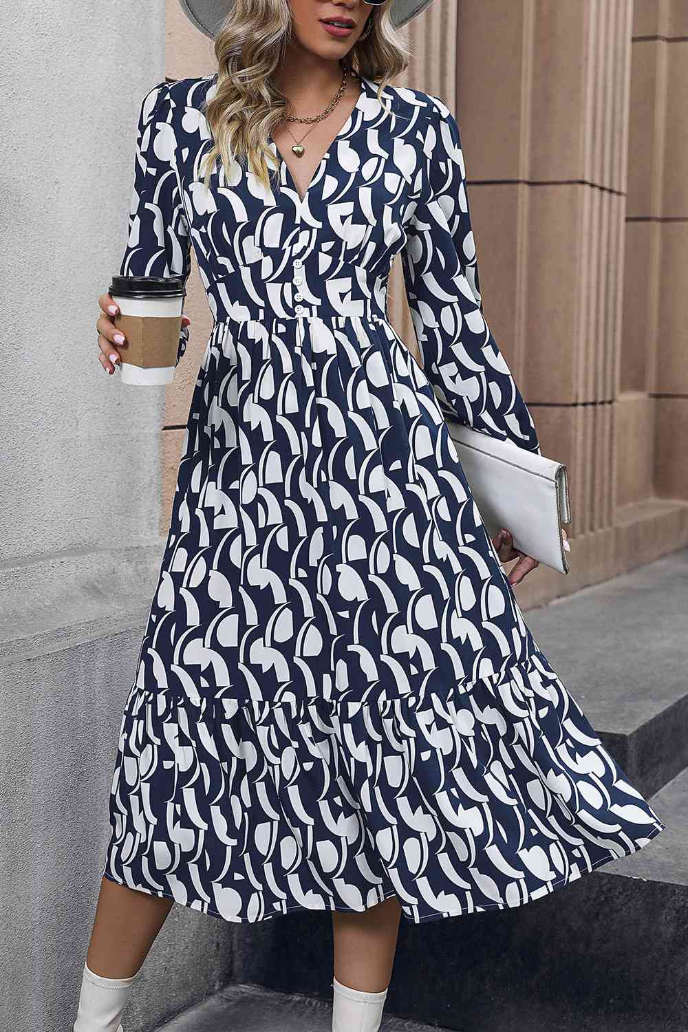 Printed Buttoned V-Neck Flutter Sleeve Dress – Flyclothing LLC