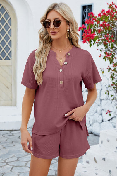 Drop shoulder notched neck top & shorts set sale