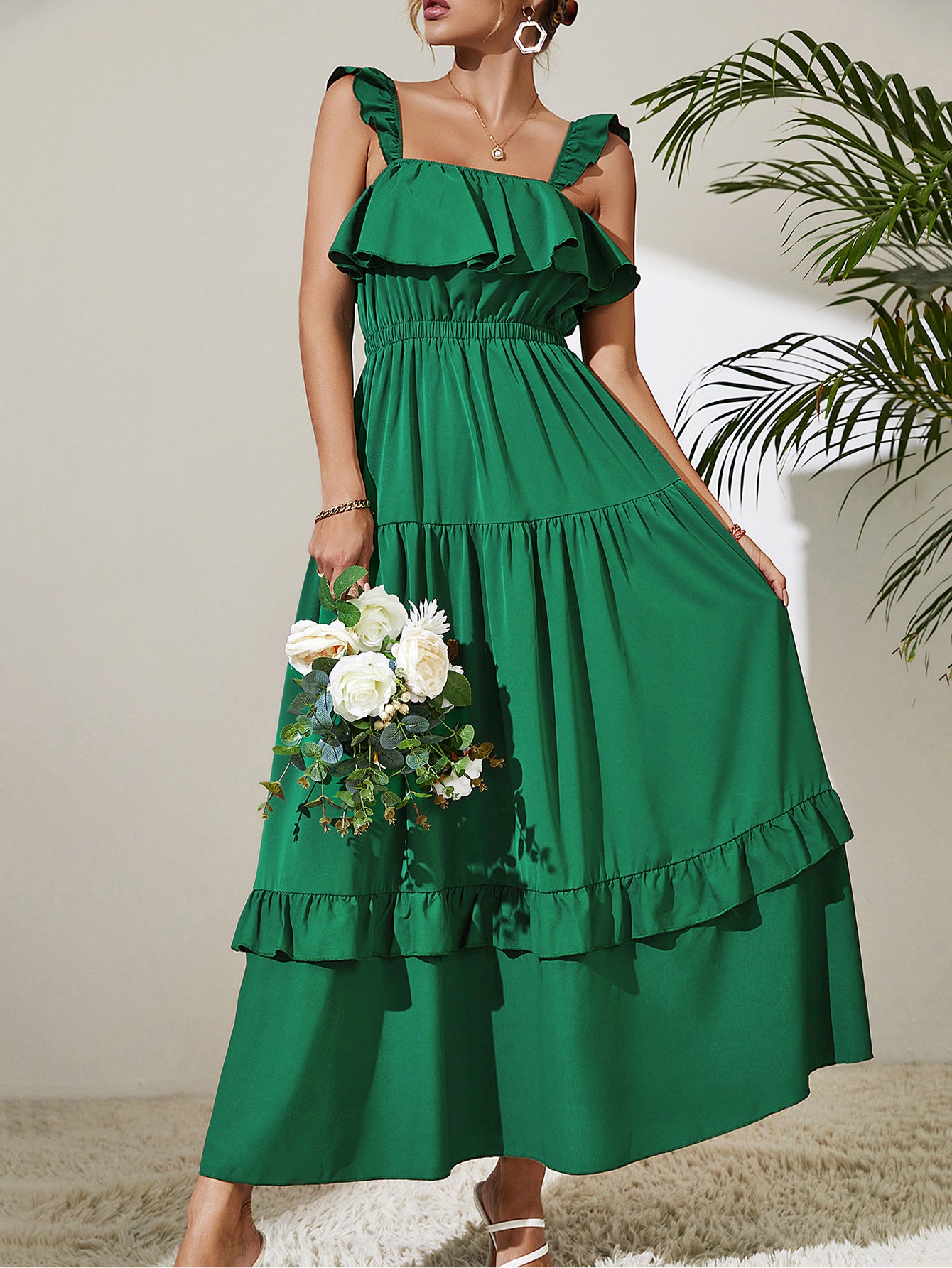 Green Bay Packers Womens Off Shoulder Maxi Dress Short Sleeve Ruffle Long  Dress