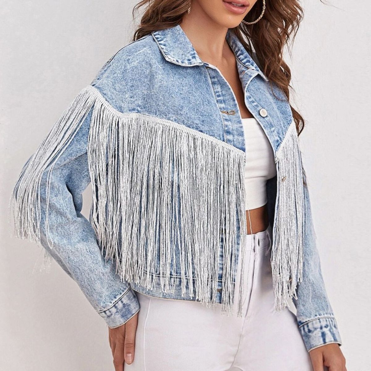 Saints & Hearts Sequin Fringe Cropped Jacket - Silver Medium, Women's