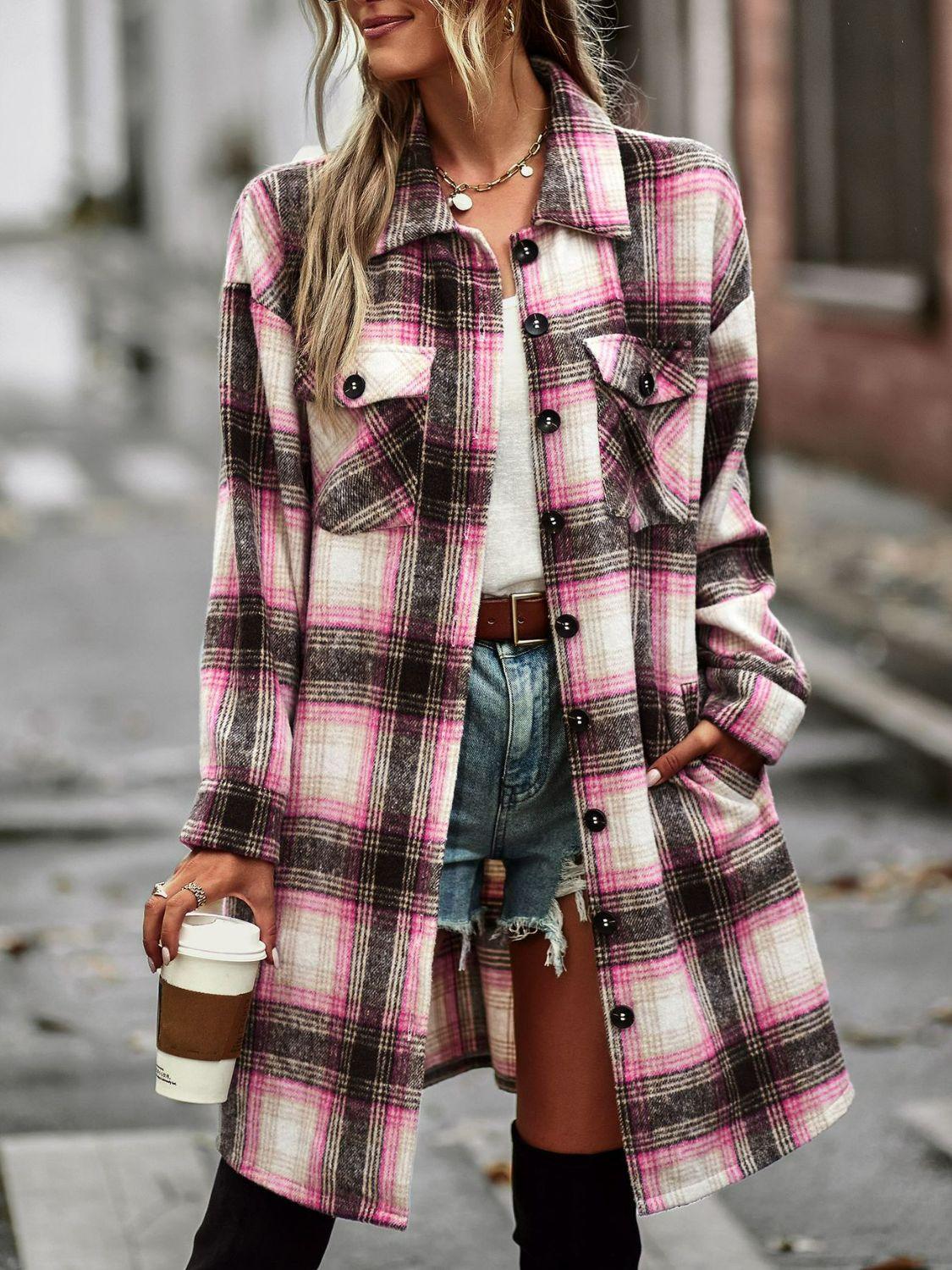Plaid Button-Up Longline Jacket with Pockets - Pink / S