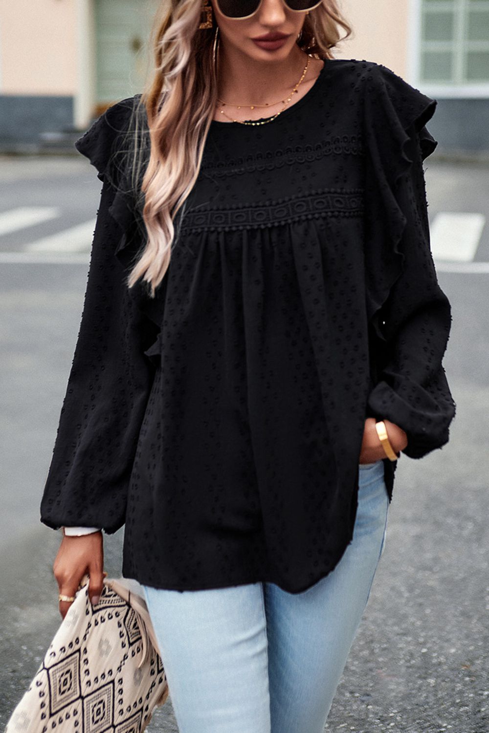 Ruffle Trim Balloon Sleeve Blouse - Black / S