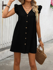 Button Up V-Neck Cap Sleeve Mini Dress Trendsi