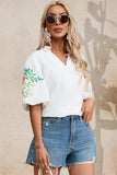 Embroidered Notched Half Sleeve Blouse - Flyclothing LLC