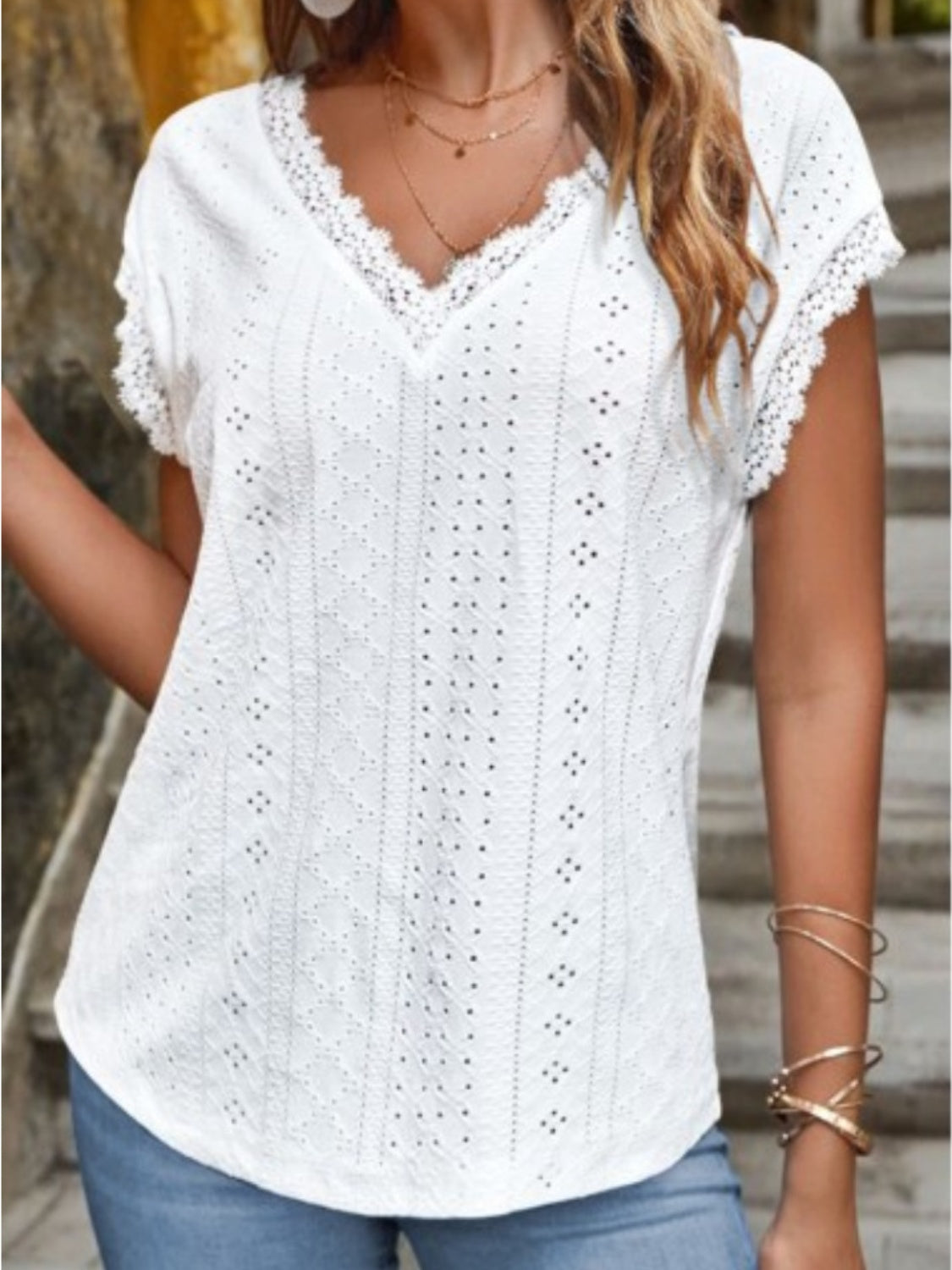 Eyelet V-Neck Cap Sleeve Blouse - Flyclothing LLC