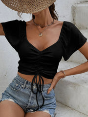 Drawstring Short Sleeve Crop Top - Trendsi