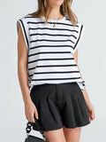 Striped Round Neck Cap Sleeve T-Shirt - Flyclothing LLC