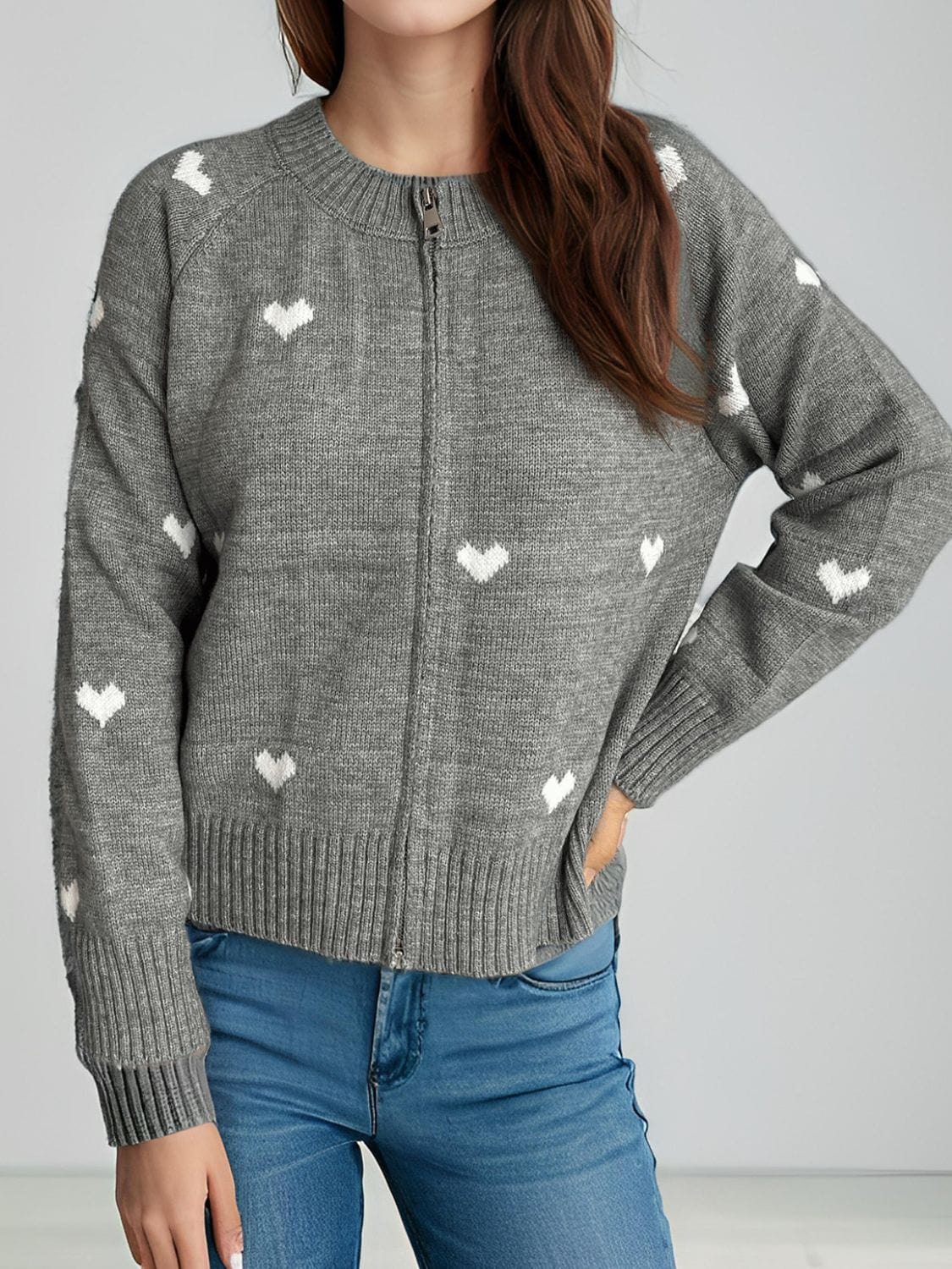 Heart Round Neck Zip Up Cardigan - Trendsi