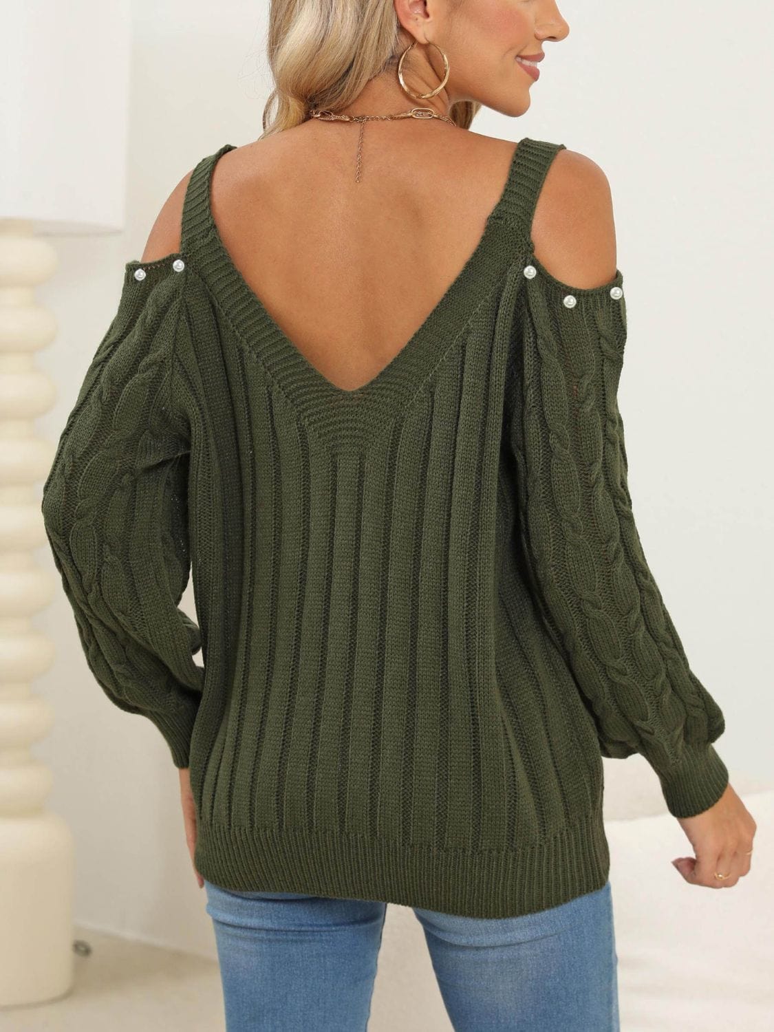 Cable-Knit Cold Shoulder Sweater - Trendsi