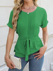 Tied Pleated Round Neck Short Sleeve Top - Trendsi