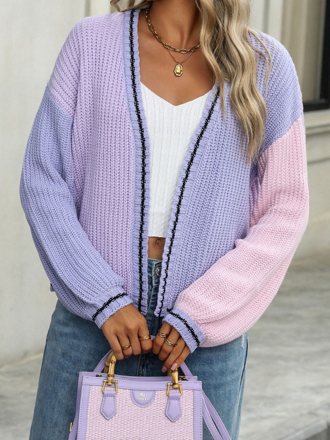 Contrast Open Front Long Sleeve Cardigan - Trendsi