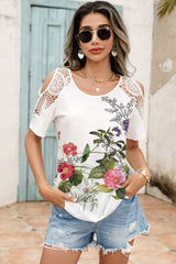 Lace Detail Round Neck Cold Shoulder Blouse Trendsi