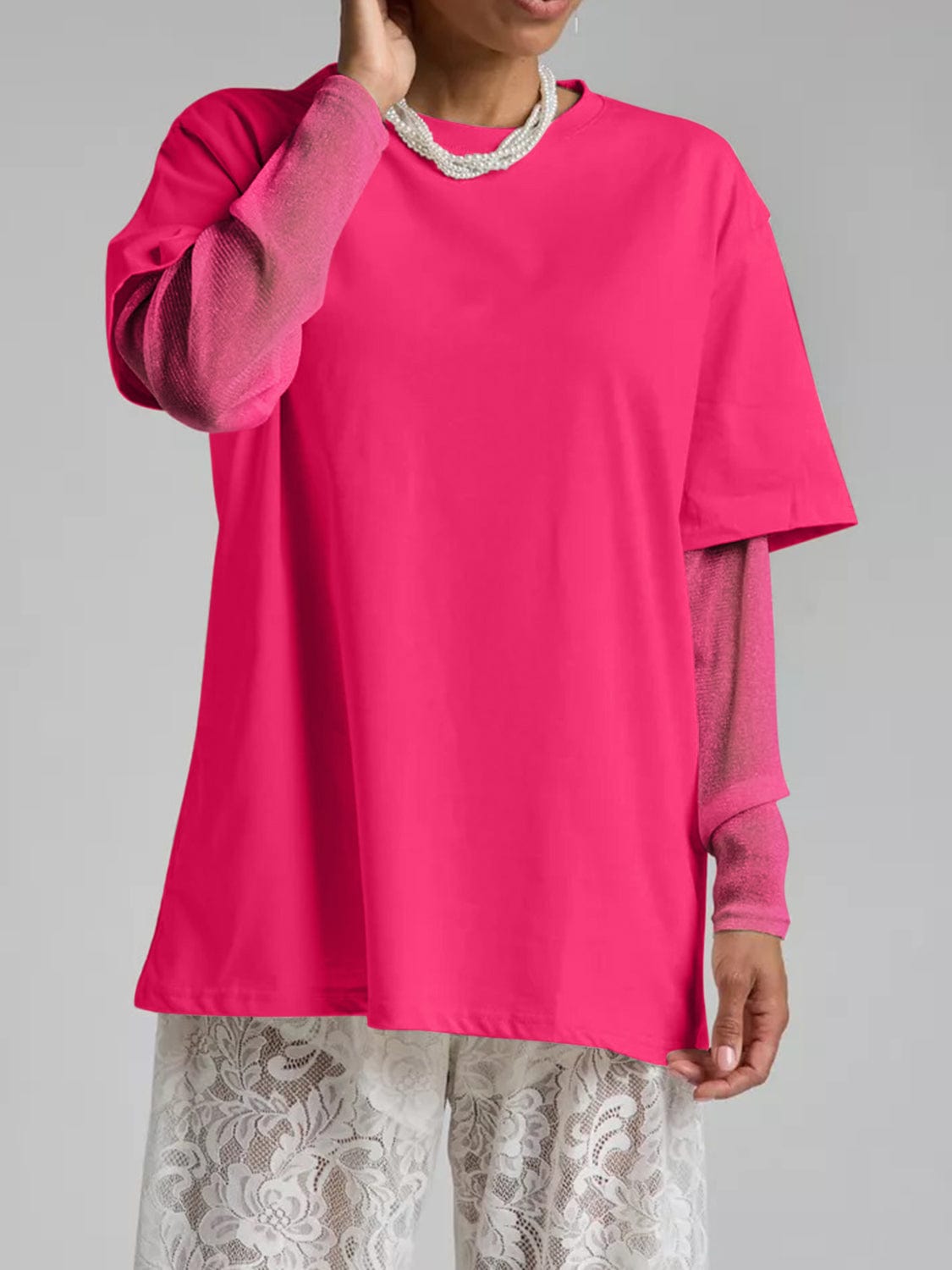 Faux Layered Round Neck Mesh Sleeve Top - Trendsi