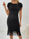 Fringe Openwork Boat Neck Knit Dress - Flyclothing LLC