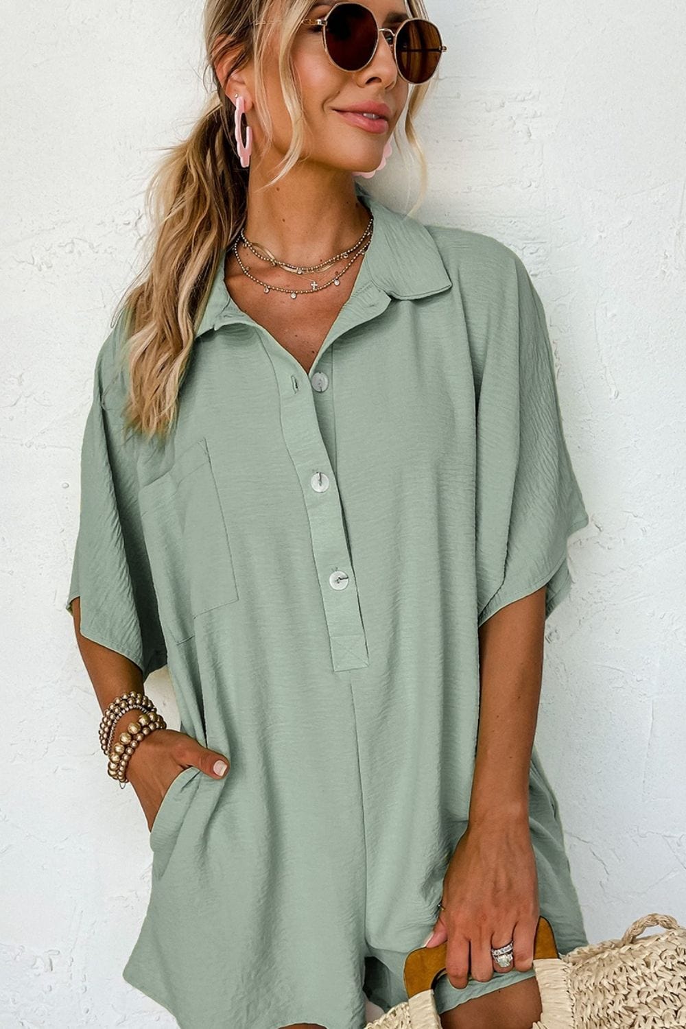 Half Button Collared Neck Romper - Trendsi