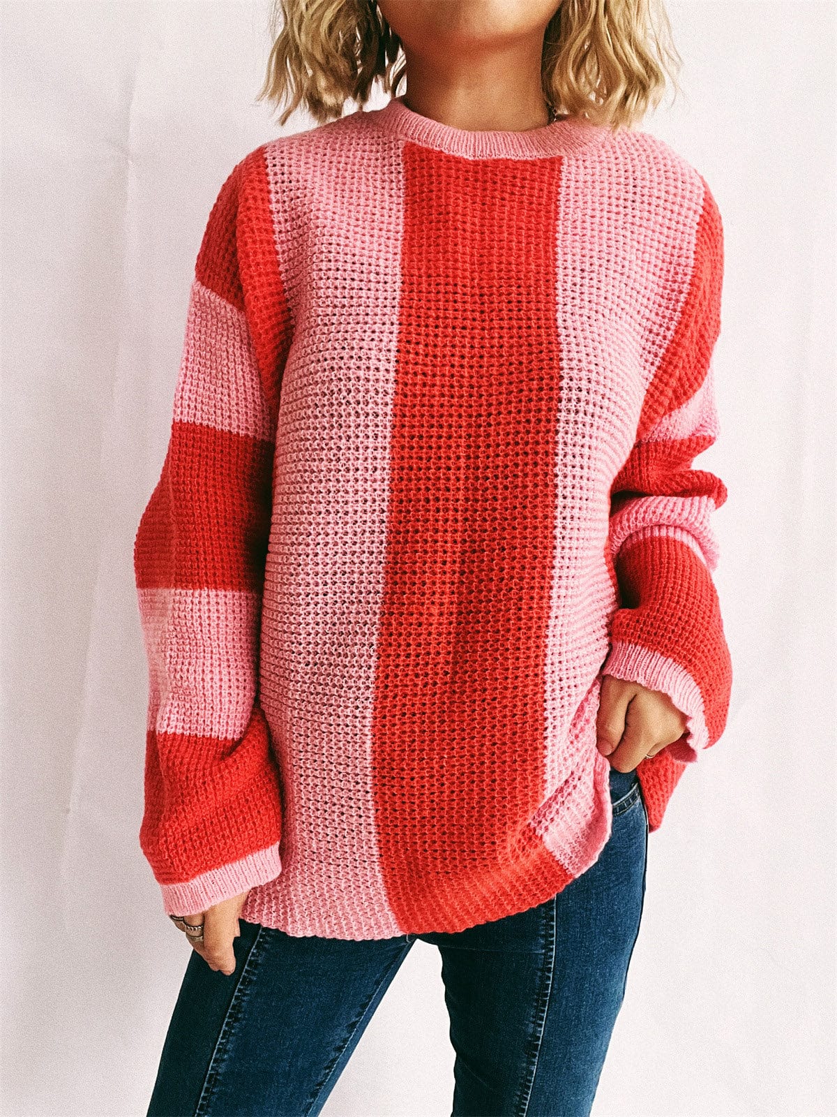 Color Block Round Neck Long Sleeve Sweater - Trendsi