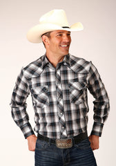 Roper Mens Long Sleeve Snap White Black Grey Plaid Western Shirt