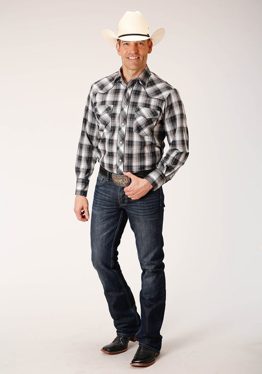 Roper Mens Long Sleeve Snap White Black Grey Plaid Western Shirt