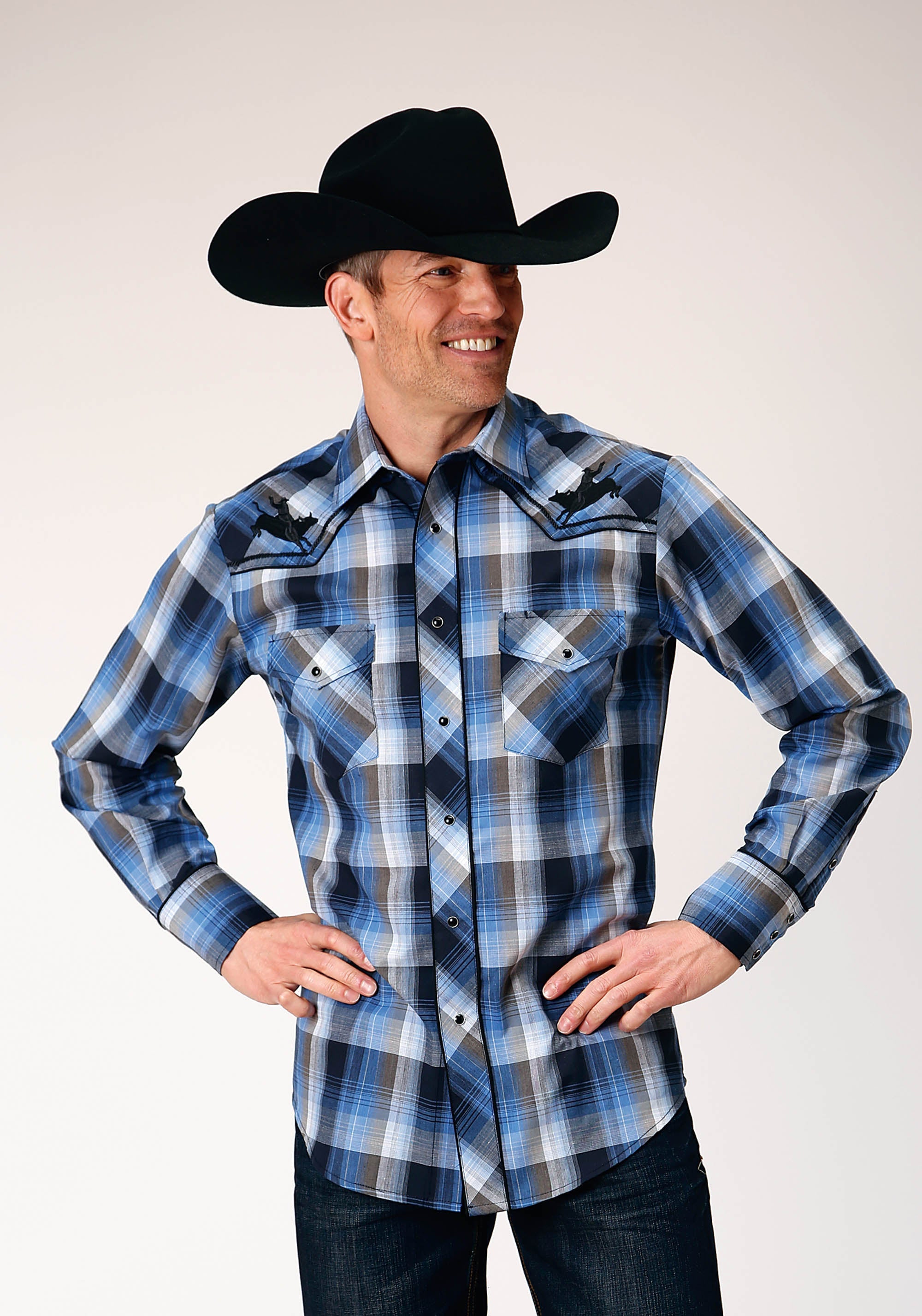 Roper Mens Long Sleeve Snap Blue Black White Plaid Western Shirt With Piping On Front And Back Yokes Embroidery On Front Yokes