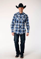 Roper Mens Long Sleeve Snap Blue Black White Plaid Western Shirt With Piping On Front And Back Yokes Embroidery On Front Yokes