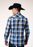 Roper Mens Long Sleeve Snap Blue Black White Plaid Western Shirt With Piping On Front And Back Yokes Embroidery On Front Yokes