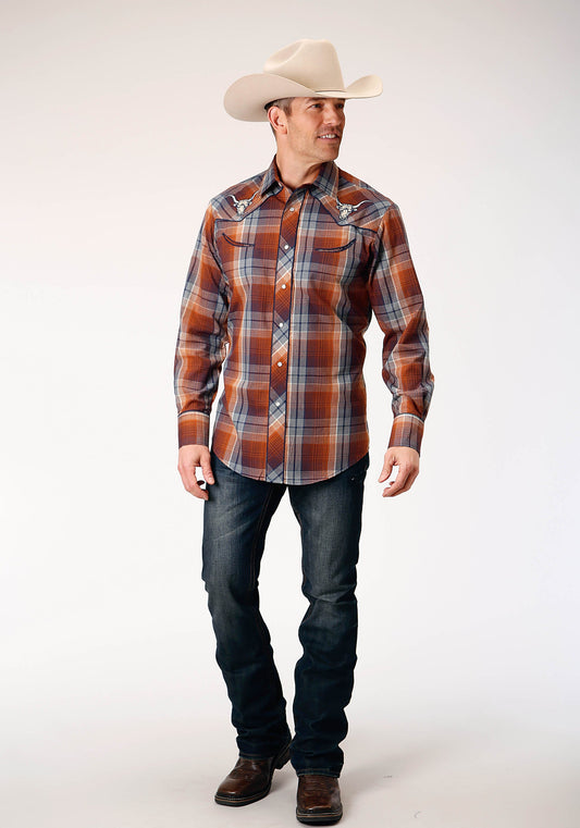 Roper Mens Long Sleeve Snap Brown Navy Cream Plaid Western Shirt With Piping And Embroidery On Yokes