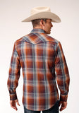 Roper Mens Long Sleeve Snap Brown Navy Cream Plaid Western Shirt With Piping And Embroidery On Yokes