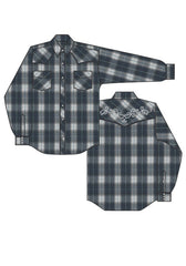 Roper Mens Long Sleeve Snap Navy Grey  And Light Blue Large Scale Plaid Western Shirt