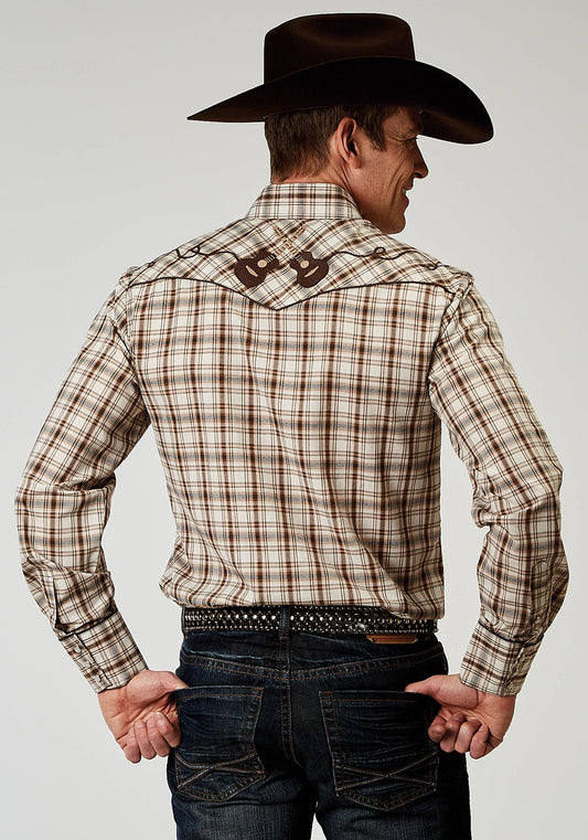 Roper Mens Long Sleeve Snap Desert Plaid Western Shirt  With Embroidery On Back Yokes Smile Pockets