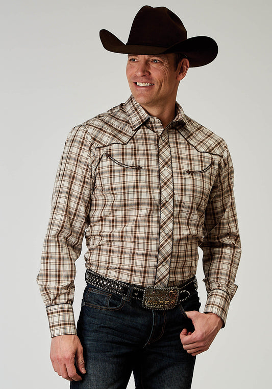 Roper Mens Long Sleeve Snap Desert Plaid Western Shirt  With Embroidery On Back Yokes Smile Pockets