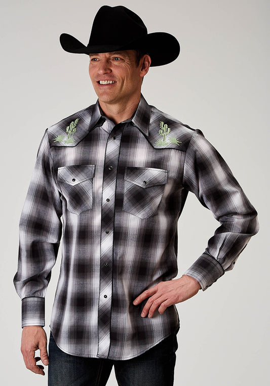 Roper Mens Long Sleeve Snap Black And White Plaid Western Shirt With Embroidery On Front Yokes Patch Pockets - Roper