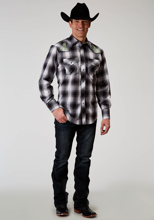 Roper Mens Long Sleeve Snap Black And White Plaid Western Shirt With Embroidery On Front Yokes Patch Pockets - Roper